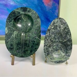 Set of 2 Green Marble Stone Cigar Pipe Ashtrays Trinket Trays Catchalls Vintage